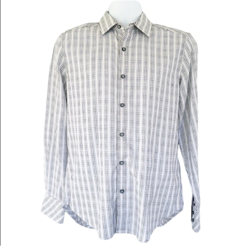 Robert Graham men’s black white plaid purple floral trim dress shirt size small